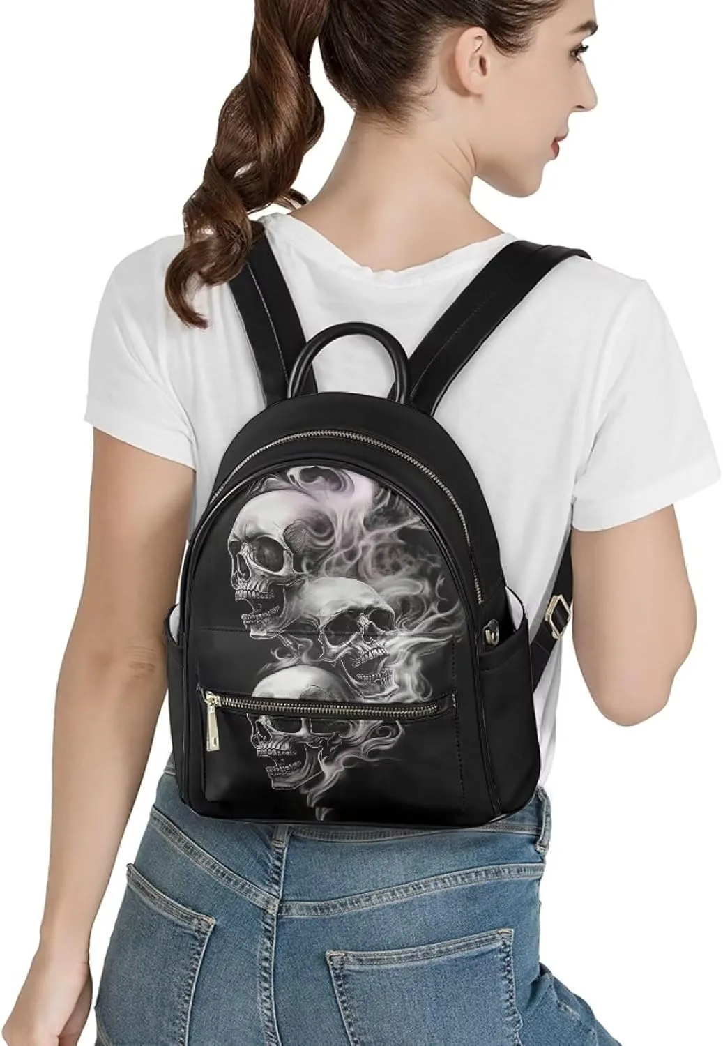 Black Skull Mini Backpack for Women Casual PU Leather Backpack Work Daypack Waterproof Travel Shoulders Bag with Front Zipper Pocket