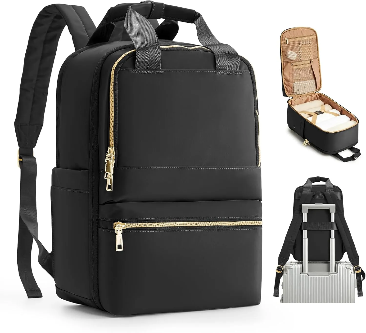 Black Travel Backpack - Carry On Flight Approved for Women, Small Personal Item Bag, Laptop Teacher Work Backpack for Traveling on Airplane