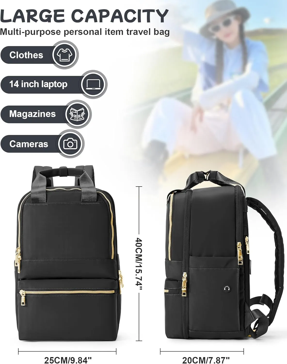 Black Travel Backpack - Carry On Flight Approved for Women, Small Personal Item Bag, Laptop Teacher Work Backpack for Traveling on Airplane