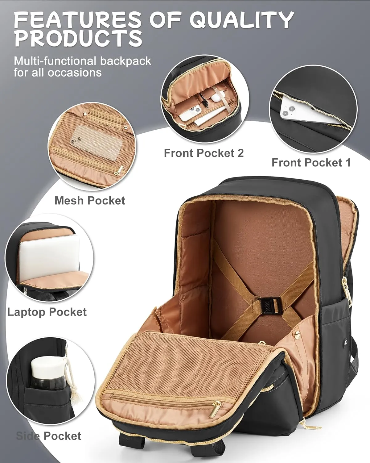 Black Travel Backpack - Carry On Flight Approved for Women, Small Personal Item Bag, Laptop Teacher Work Backpack for Traveling on Airplane