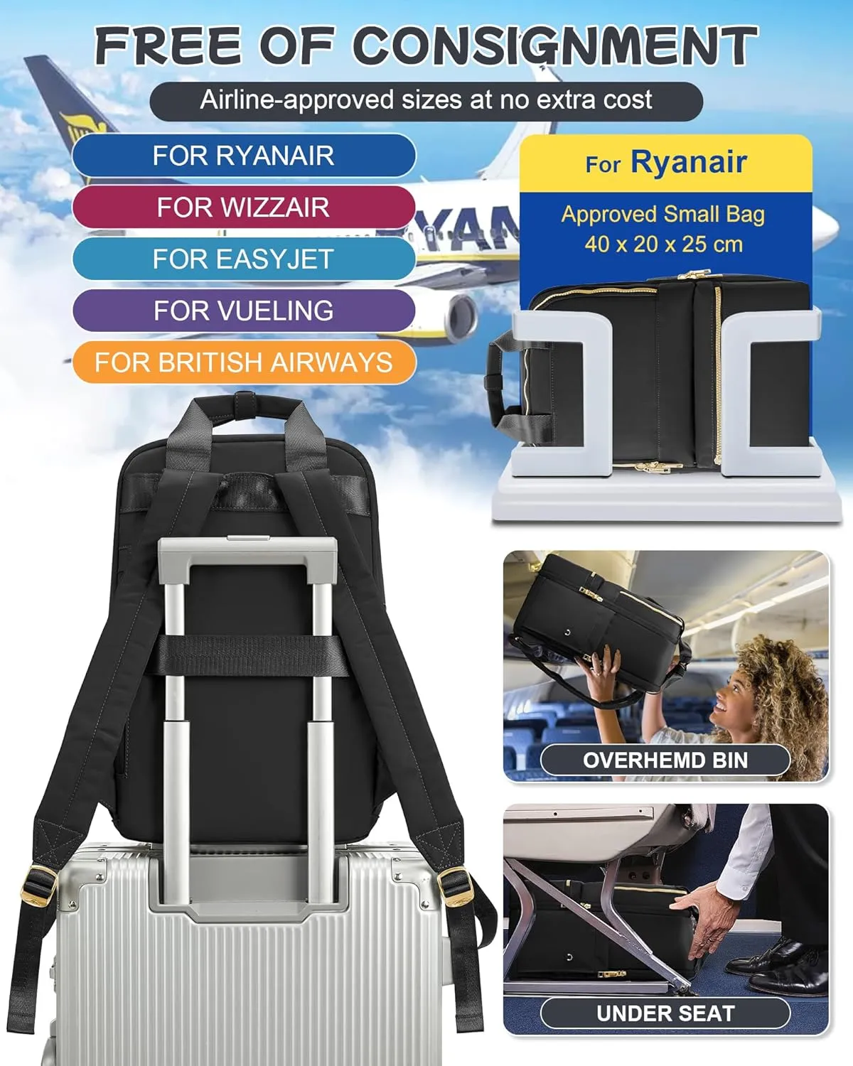 Black Travel Backpack - Carry On Flight Approved for Women, Small Personal Item Bag, Laptop Teacher Work Backpack for Traveling on Airplane