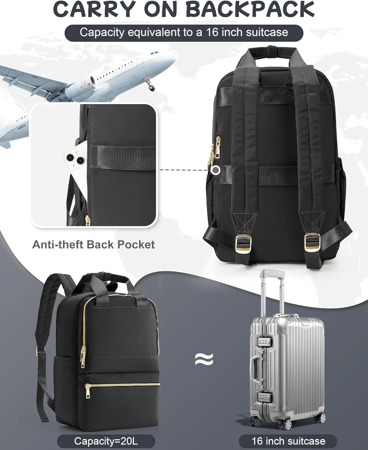 Black Travel Backpack - Carry On Flight Approved for Women, Small Personal Item Bag, Laptop Teacher Work Backpack for Traveling on Airplane