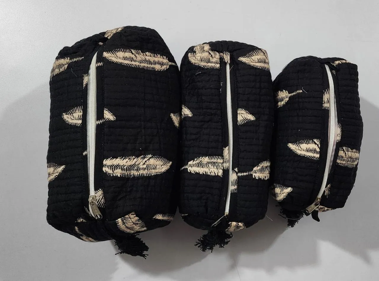 Black with Beige Leaves Print Pouch Set