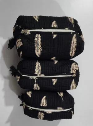 Black with Beige Leaves Print Pouch Set