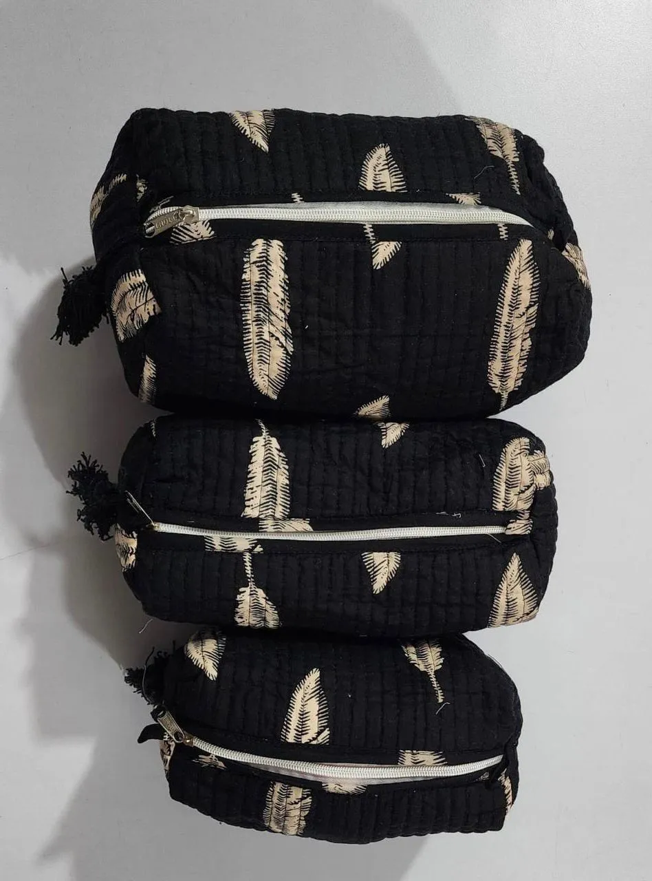 Black with Beige Leaves Print Pouch Set