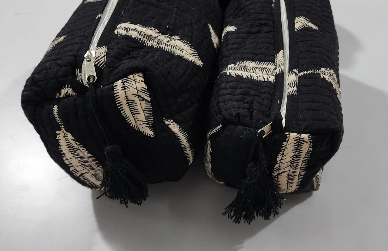 Black with Beige Leaves Print Pouch Set