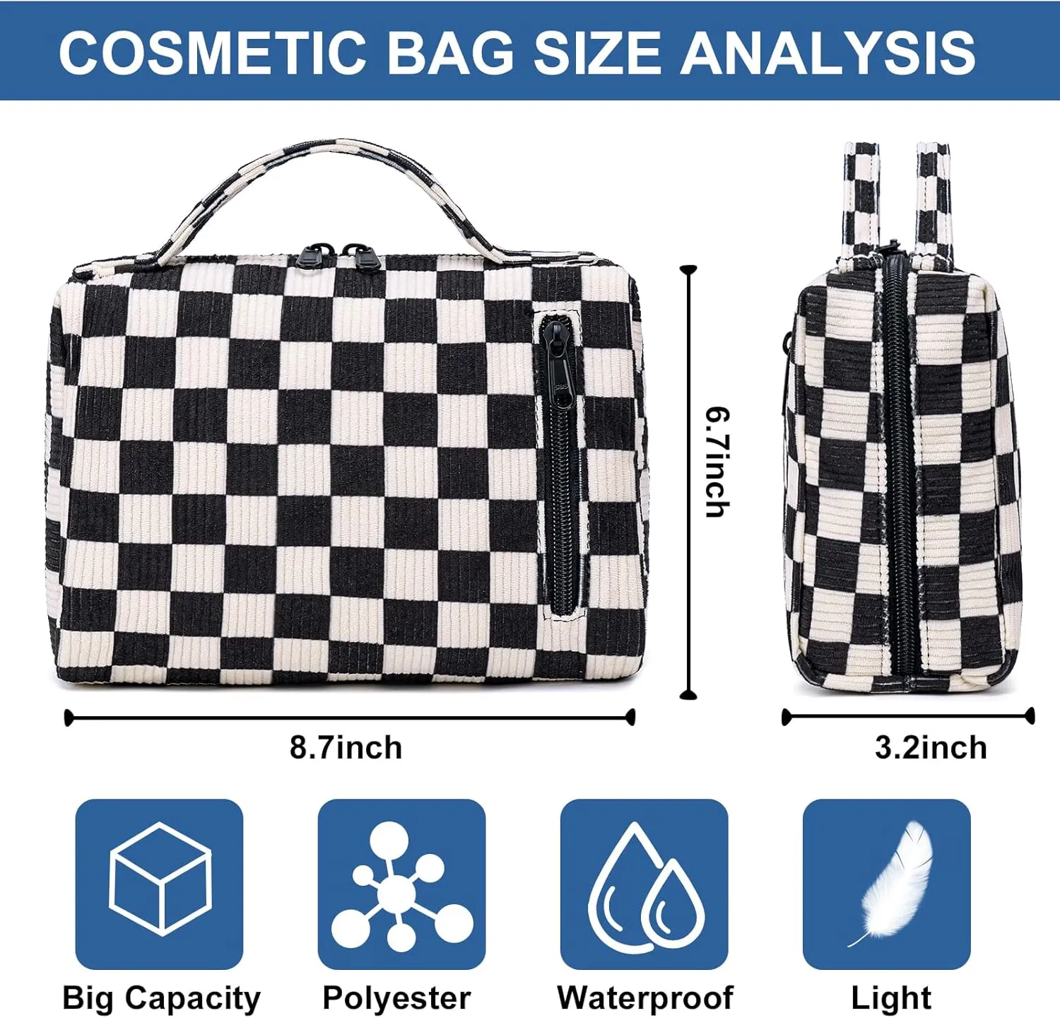 Bluboon Makeup Bag Zipper Pouch Travel Portable Cosmetic Bag Organizer for Women and Girls(Corduroy Checkered)