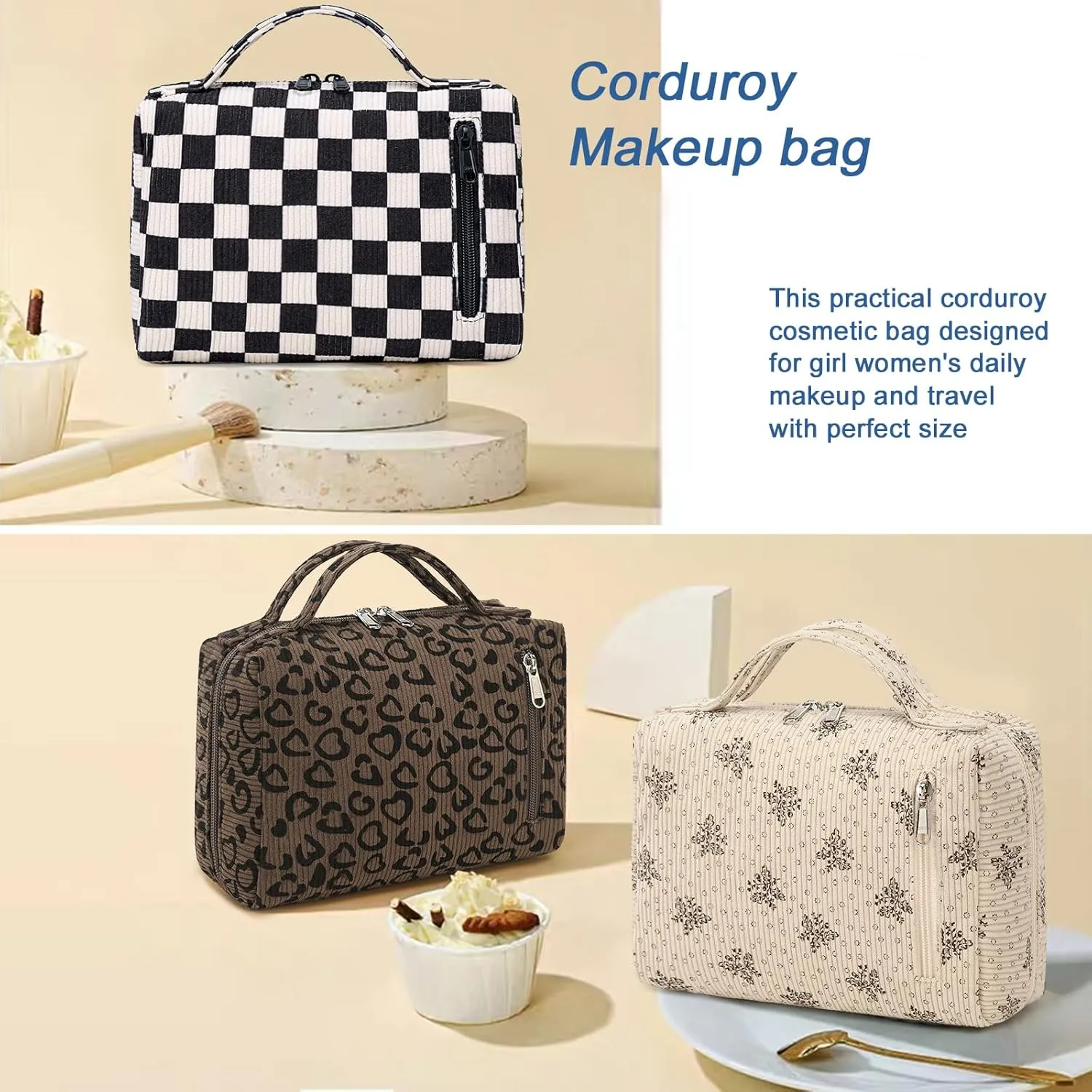 Bluboon Makeup Bag Zipper Pouch Travel Portable Cosmetic Bag Organizer for Women and Girls(Corduroy Checkered)