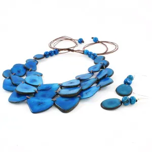 Blue Multi Strand Bib Necklace and Earring Set, Chunky Triple Layer Tagua Nut Costume Jewelry for Women