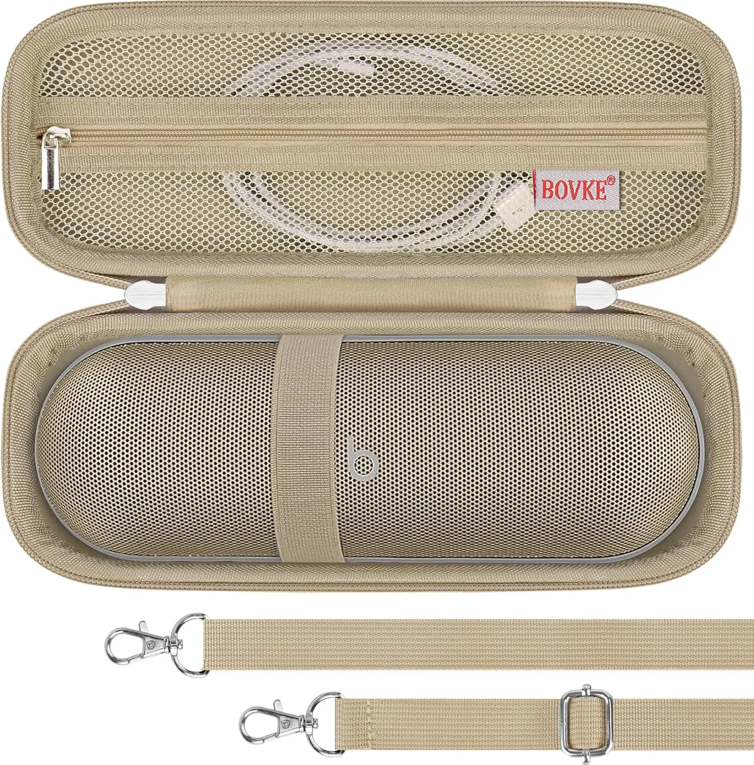 BOVKE Carrying Case for Beats Pill - Portable Bluetooth Speaker, New Beats Pill Wireless Speaker Travel Holder Bag with Extra Mesh Pocket for Charging Cables, Accessories, Black, Gold Gold