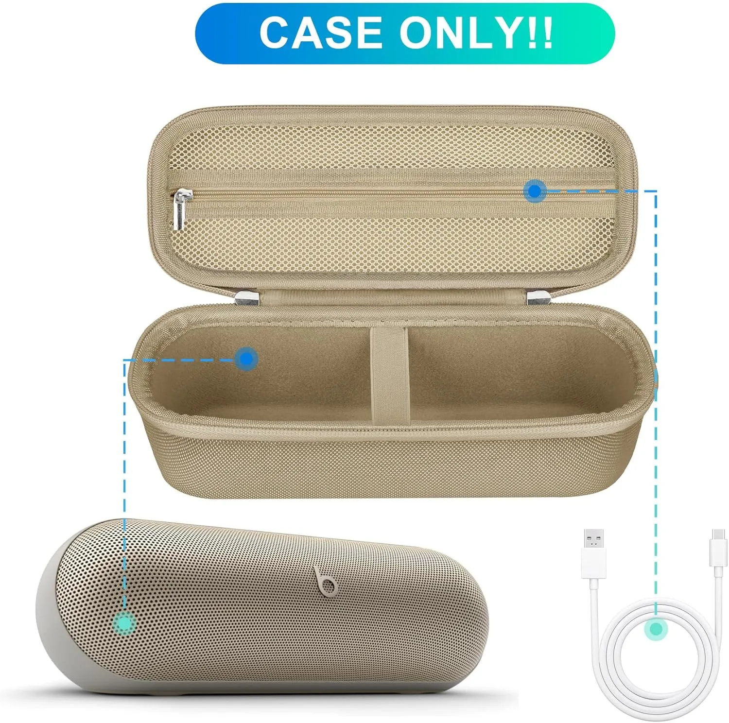 BOVKE Carrying Case for Beats Pill - Portable Bluetooth Speaker, New Beats Pill Wireless Speaker Travel Holder Bag with Extra Mesh Pocket for Charging Cables, Accessories, Black, Gold Gold