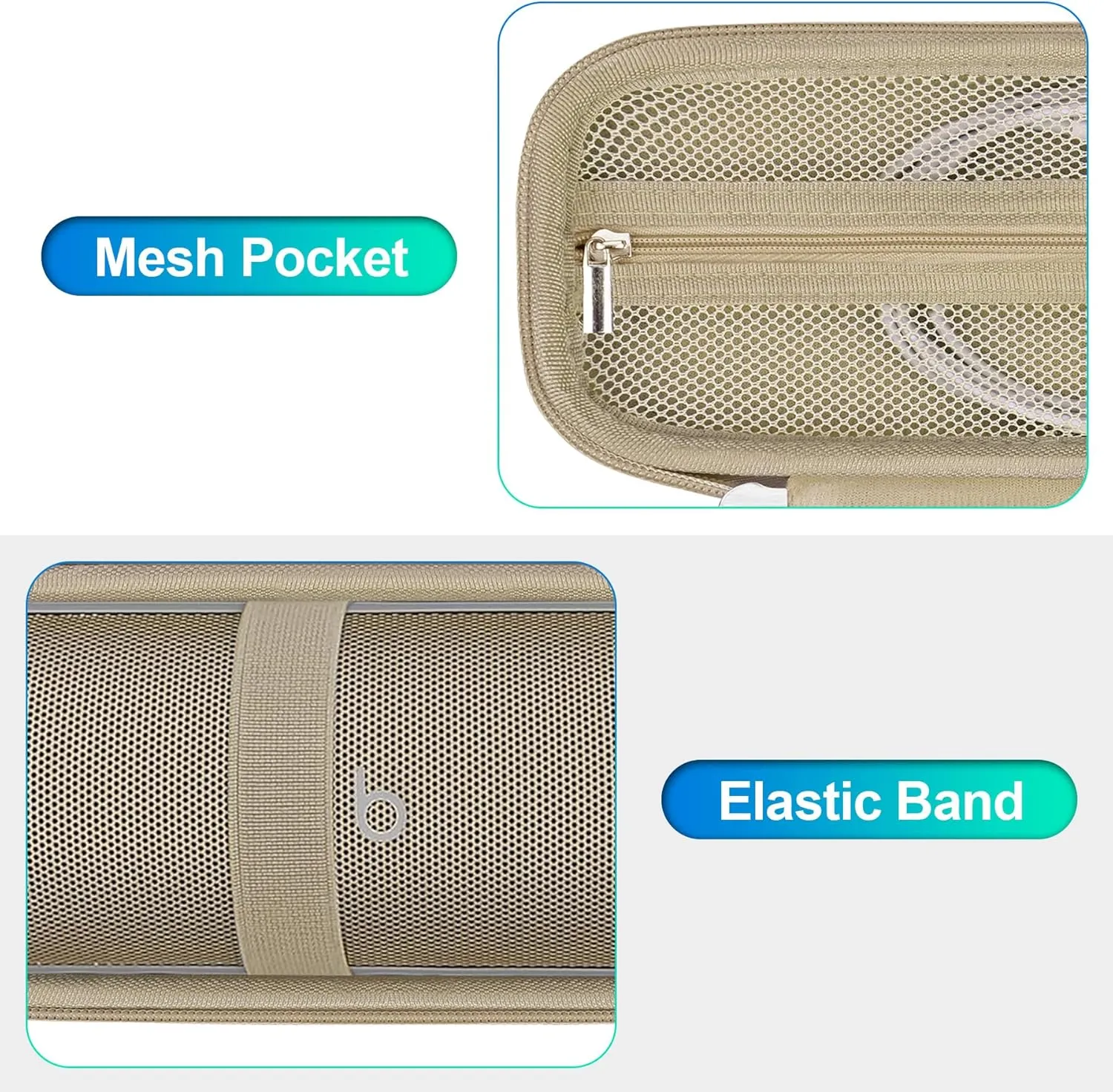 BOVKE Carrying Case for Beats Pill - Portable Bluetooth Speaker, New Beats Pill Wireless Speaker Travel Holder Bag with Extra Mesh Pocket for Charging Cables, Accessories, Black, Gold Gold