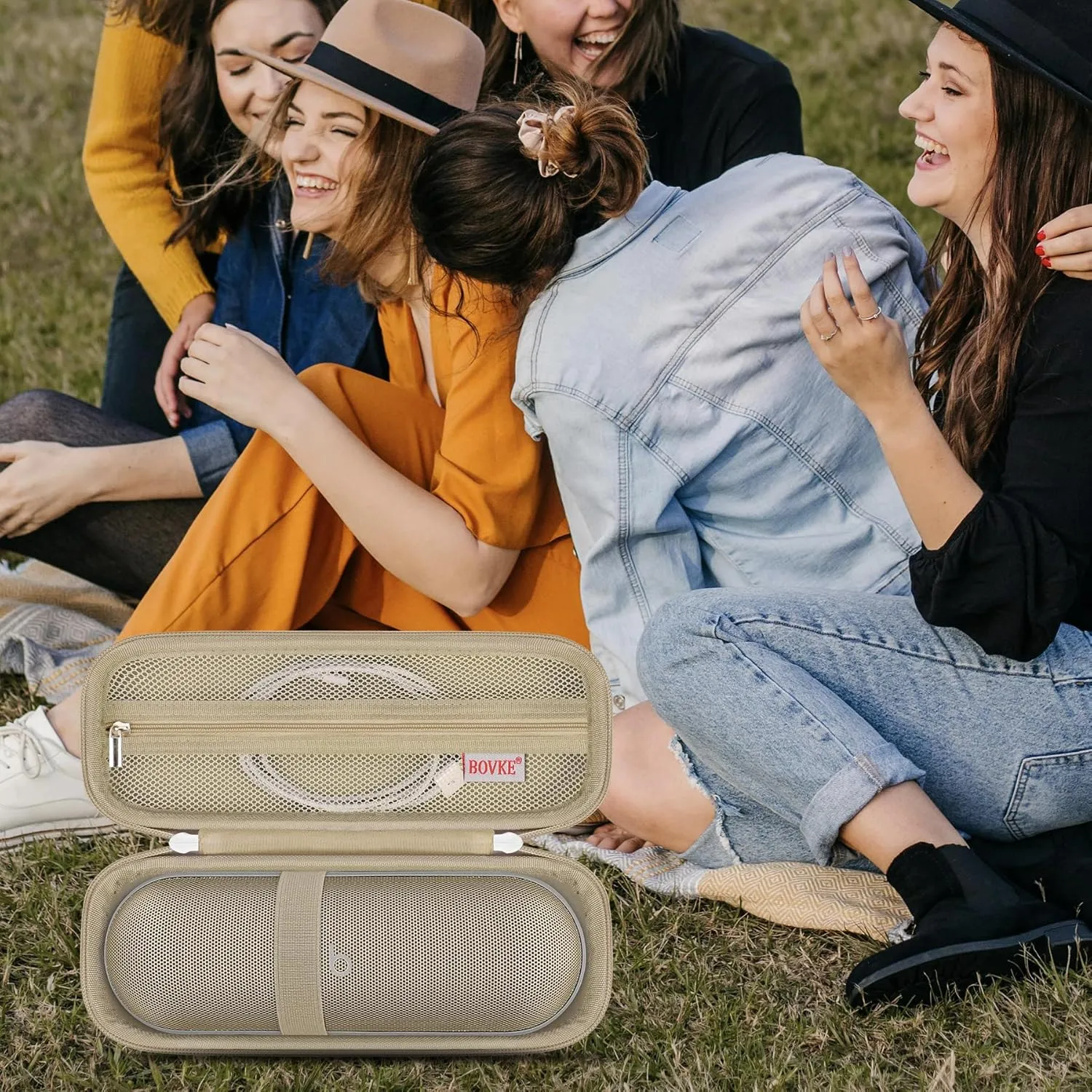 BOVKE Carrying Case for Beats Pill - Portable Bluetooth Speaker, New Beats Pill Wireless Speaker Travel Holder Bag with Extra Mesh Pocket for Charging Cables, Accessories, Black, Gold Gold