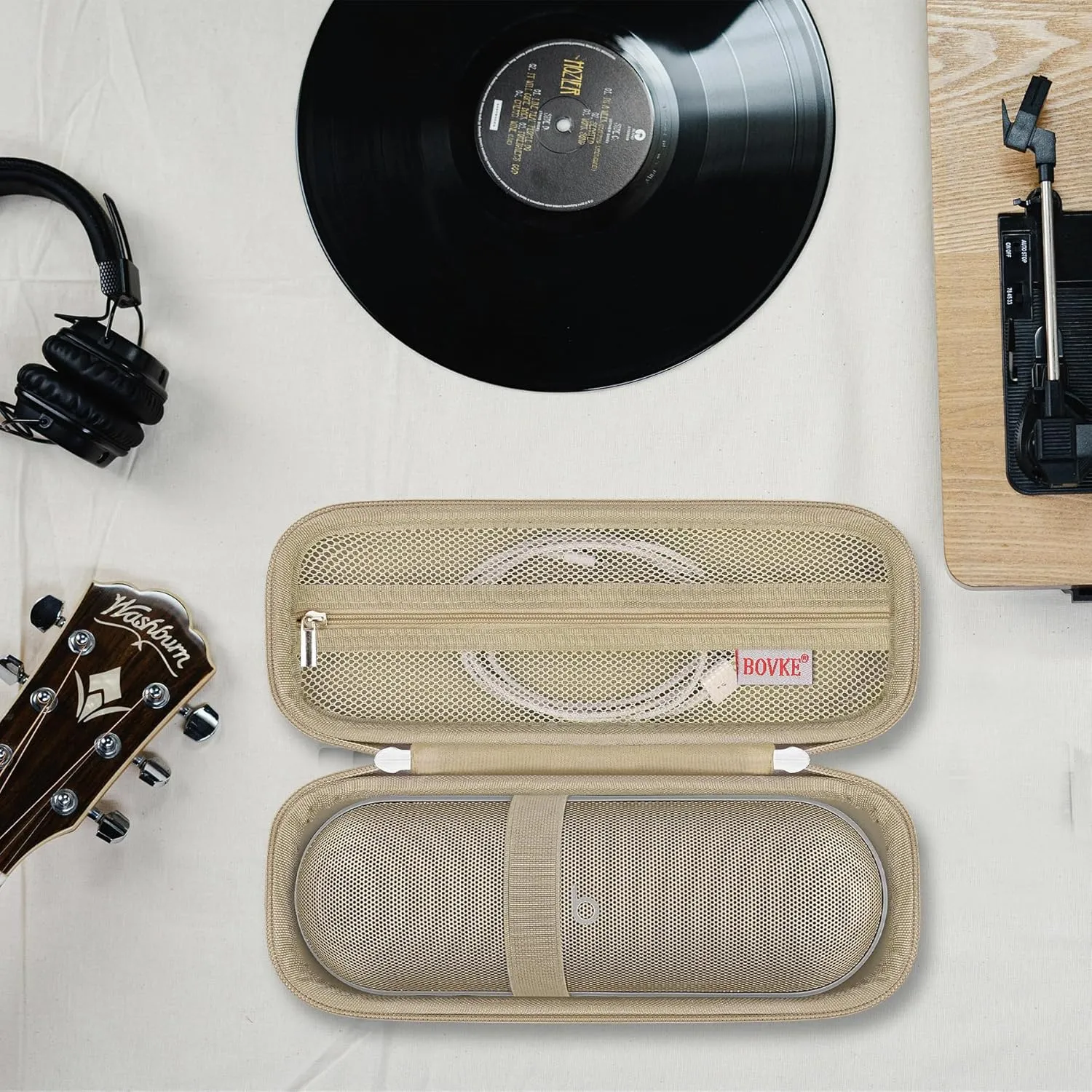 BOVKE Carrying Case for Beats Pill - Portable Bluetooth Speaker, New Beats Pill Wireless Speaker Travel Holder Bag with Extra Mesh Pocket for Charging Cables, Accessories, Black, Gold Gold
