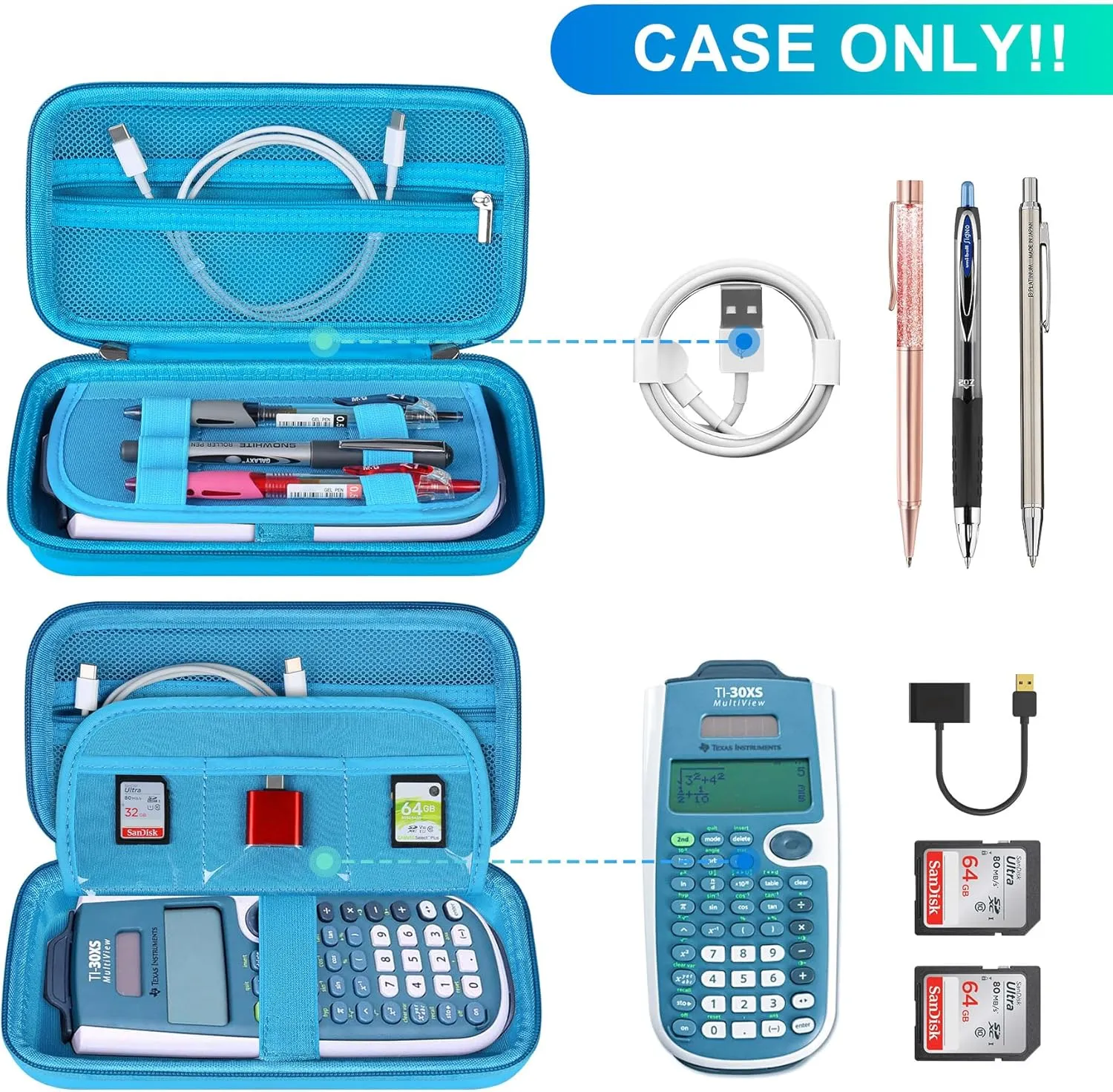 BOVKE Carrying Case for Texas Instruments TI-30XS Multiview/TI-34 Multiview/TI-36X Pro Scientific Calculator, Extra Mesh Pocket for USB Cables Pens Other School Supplies, Blue