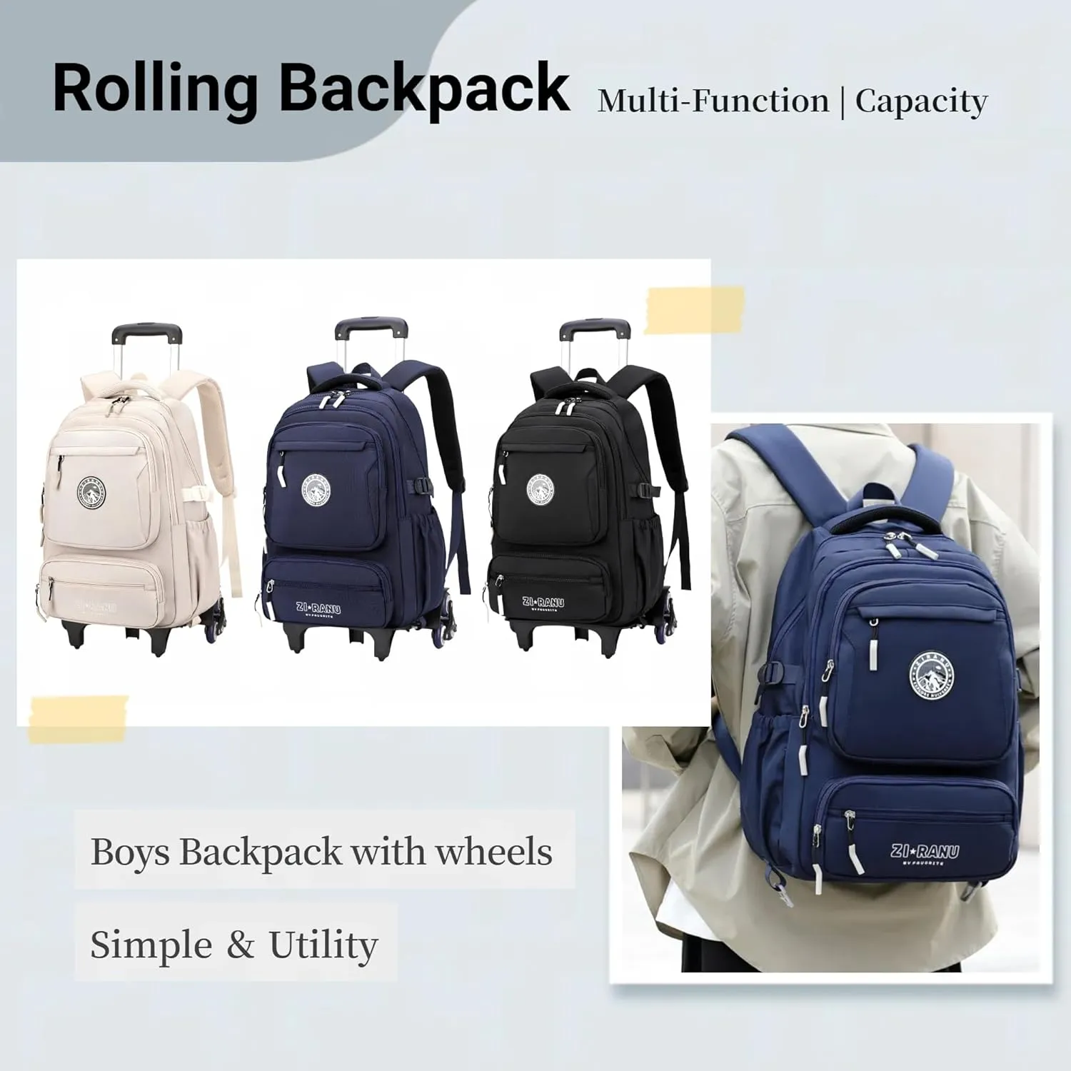 Boys Backpack with 6 Wheels for School Kids, Rolling Backpack for Teen Boys on Wheels, Dark-blue