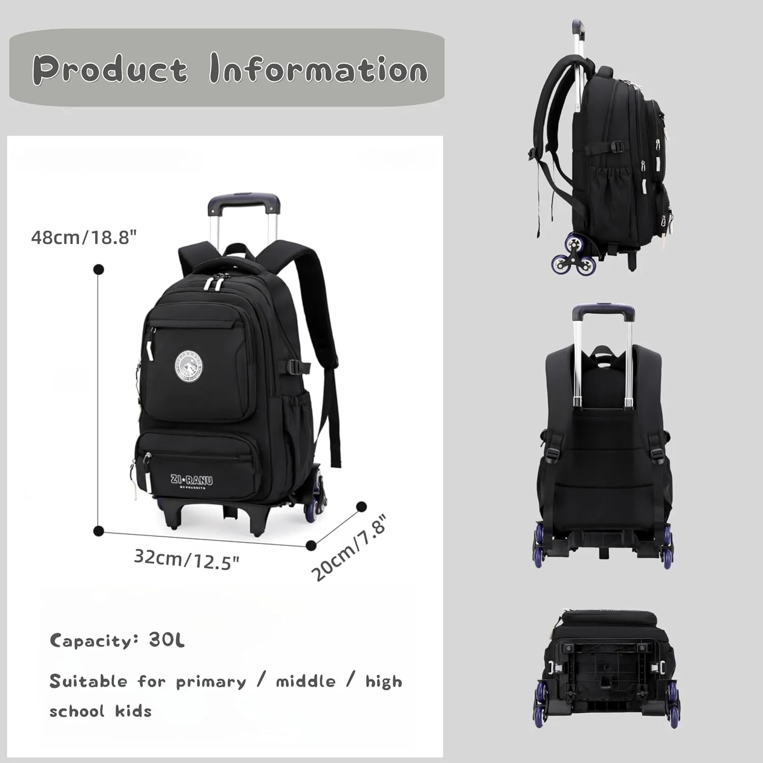 Boys Backpack with 6 Wheels for School Kids, Rolling Backpack for Teen Boys on Wheels, Dark-blue