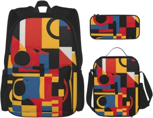 BREAUX Composition in Red Yellow Blue and Black print Minimalist Backpack Three Piece Travel Backpack Set Adjustable Shoulder Bag