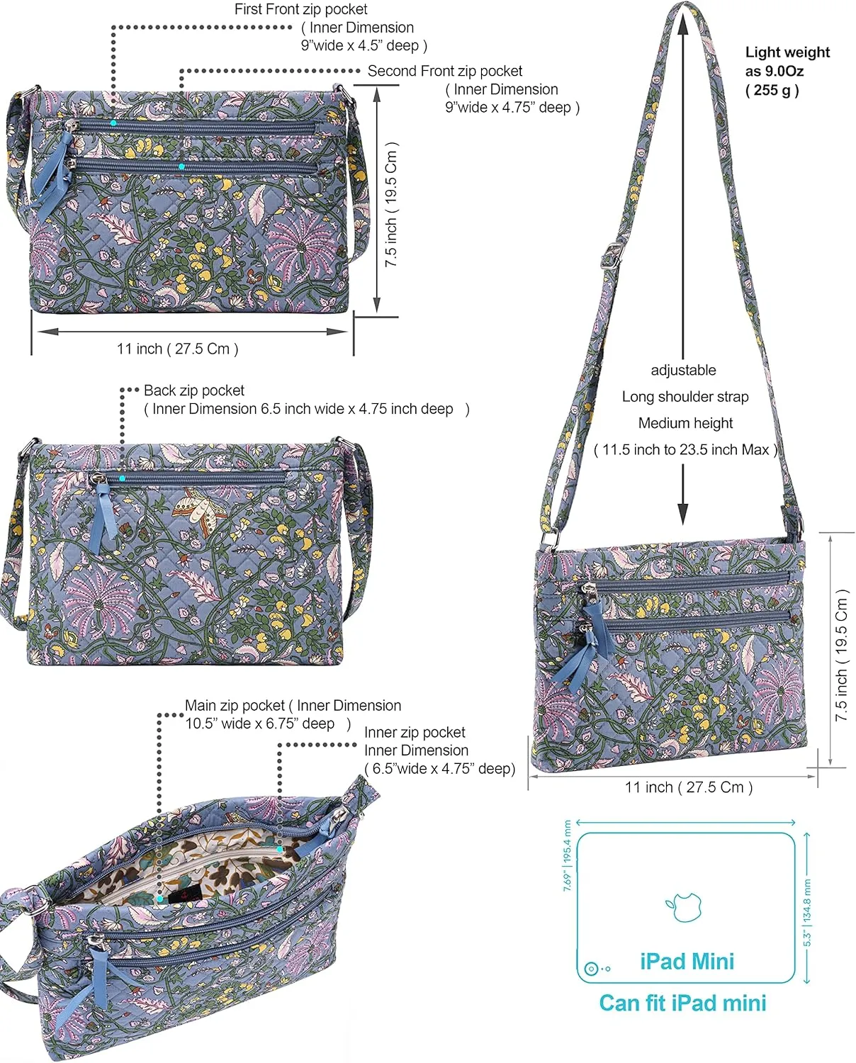 Brentano Cotton quilted Multi-zipper crossbody purse