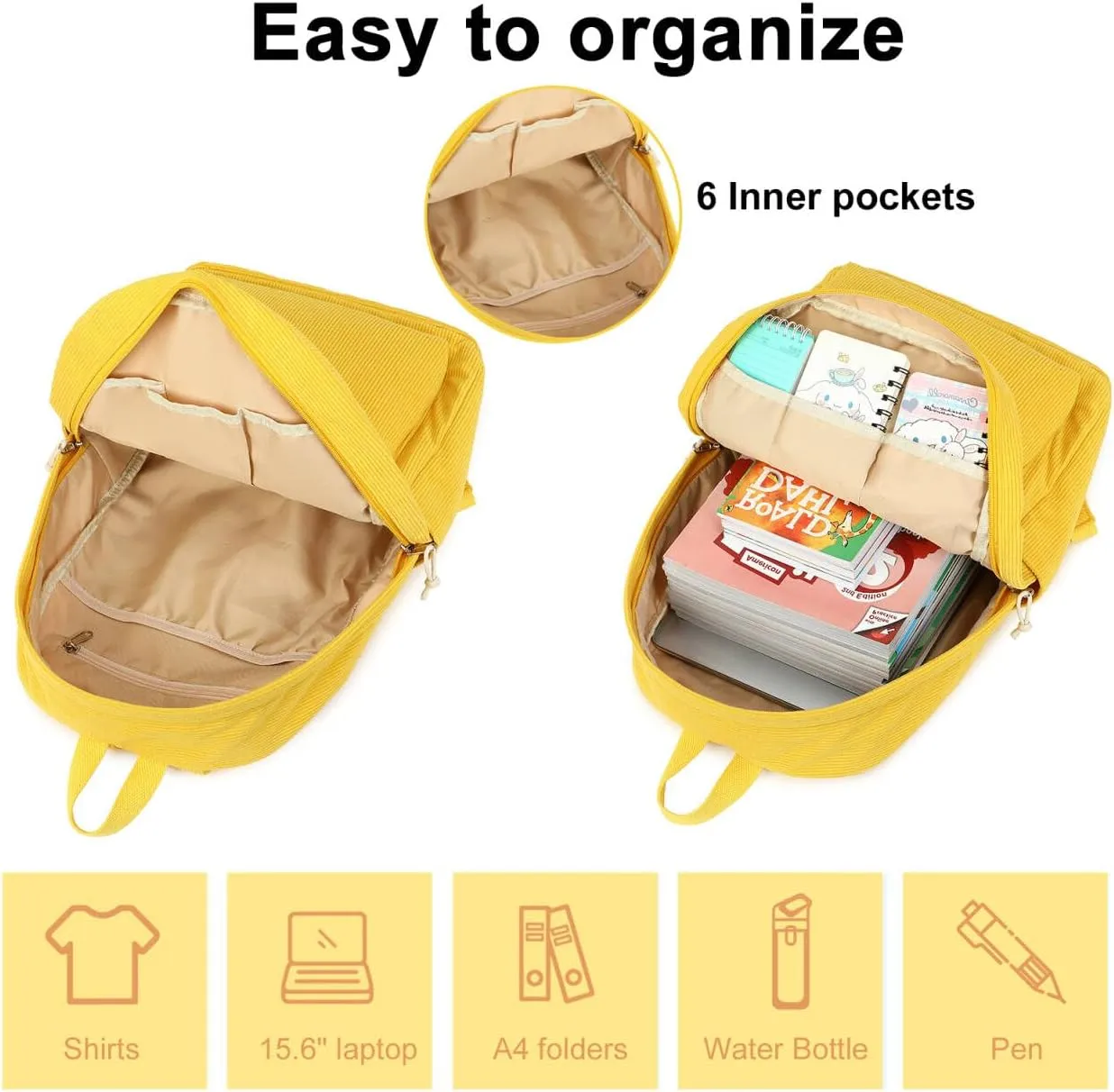 BTOOP School Backpack for Teens Large Corduroy Bookbag Lightweight Girls Boys Casual High School College 17 inch Laptop Travel Bag (Yellow-Corduroy Z)