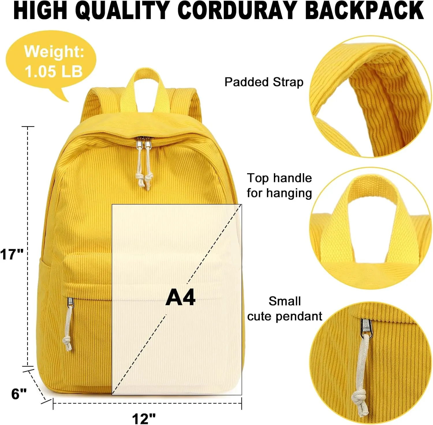 BTOOP School Backpack for Teens Large Corduroy Bookbag Lightweight Girls Boys Casual High School College 17 inch Laptop Travel Bag (Yellow-Corduroy Z)