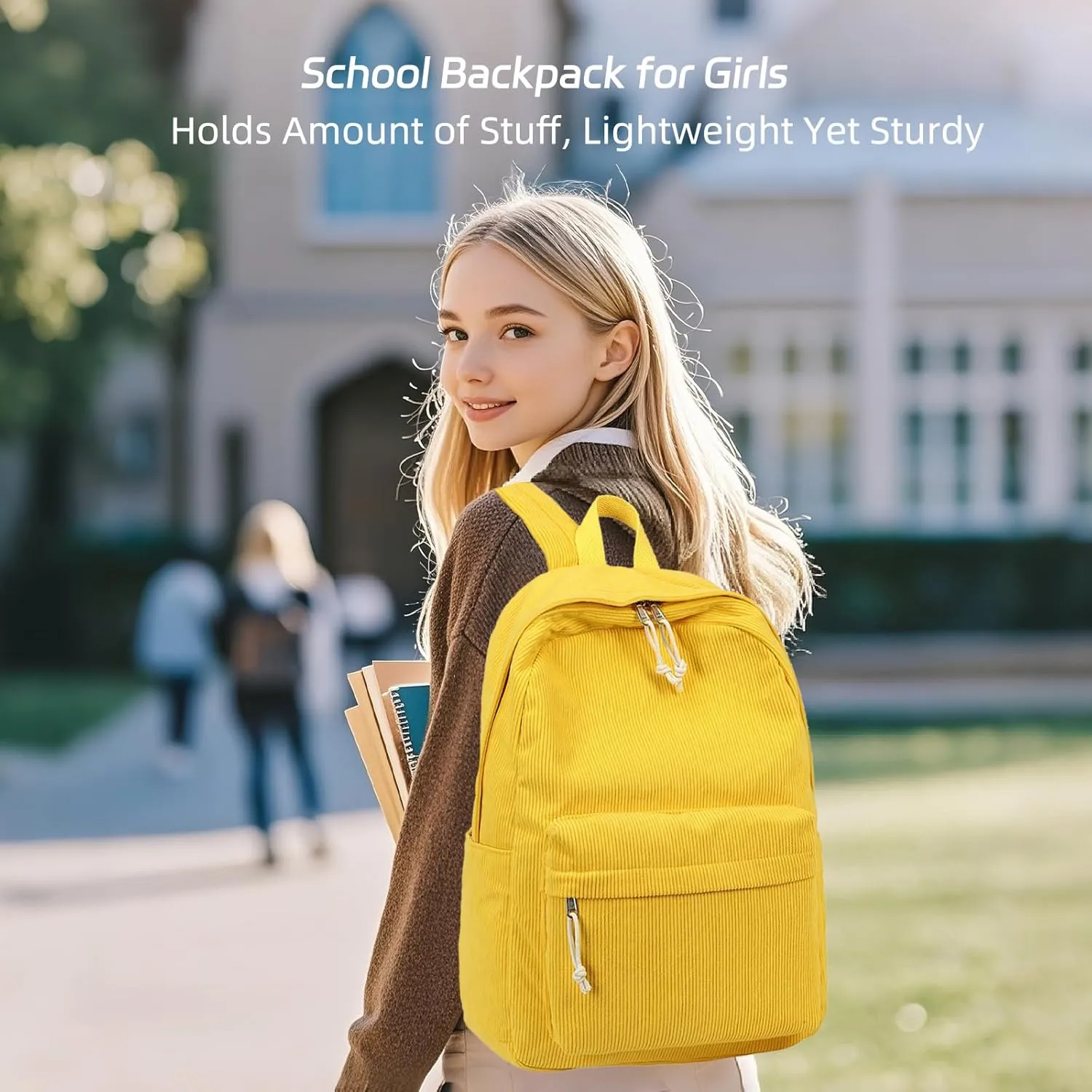 BTOOP School Backpack for Teens Large Corduroy Bookbag Lightweight Girls Boys Casual High School College 17 inch Laptop Travel Bag (Yellow-Corduroy Z)