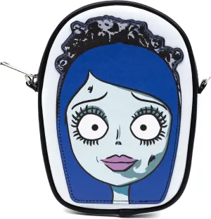 Buckle-Down Horror Movies Vegan Leather Crossbody Bag, Emily the Corpse Bride Face Applique Pale Blue
