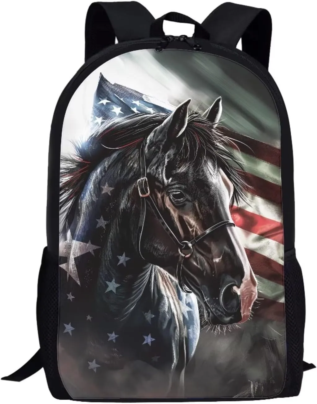 Buybai Primary School Backpack Horse Backpack for Boys Kids Schoolbag Large Size American Flag Bookbag 17 In