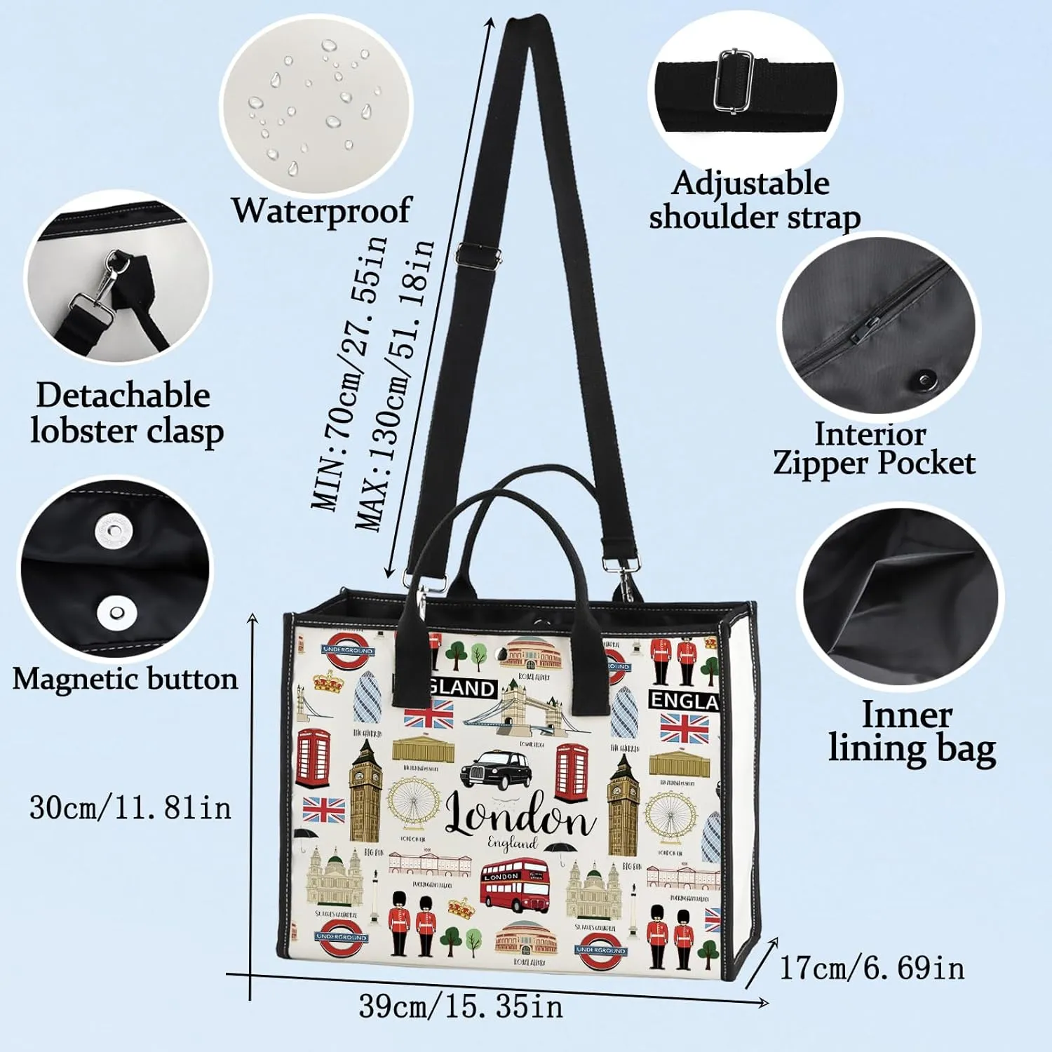 BWKTOP London Canvas Tote Bag - London Souvenirs Gifts - Shoulder & Travel Bag