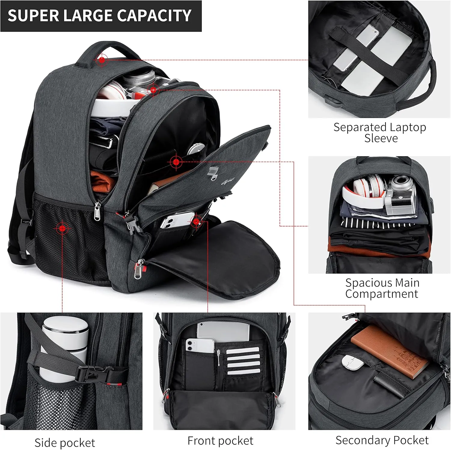 CAFELE Backpack,Waterproof Large 17in Laptop Backpack for Trip School Work Bookbag Computer Rucksack with USB Charging Port,Water Resistant Sturdy Backpack for Men Women,Grey