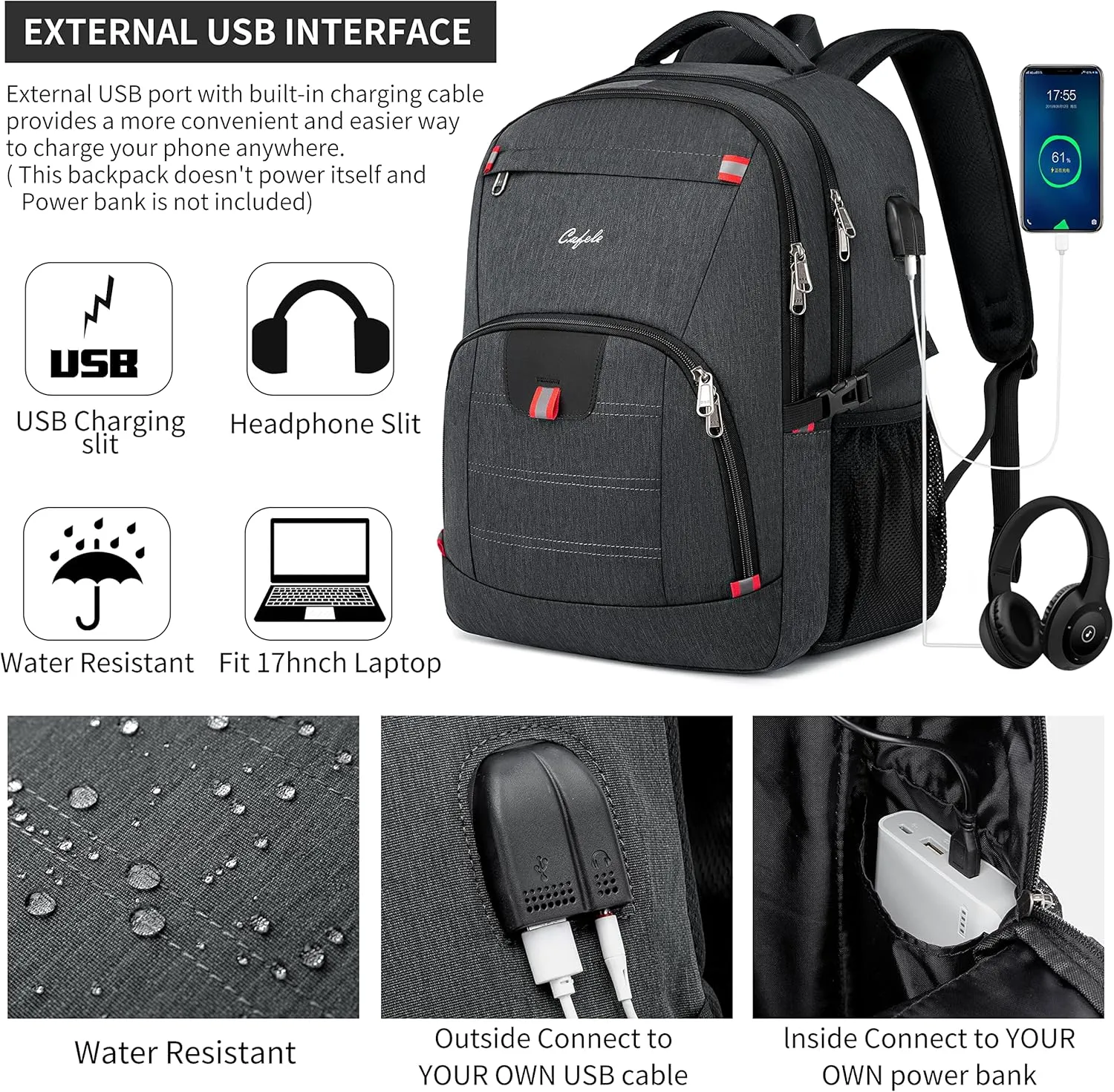 CAFELE Backpack,Waterproof Large 17in Laptop Backpack for Trip School Work Bookbag Computer Rucksack with USB Charging Port,Water Resistant Sturdy Backpack for Men Women,Grey