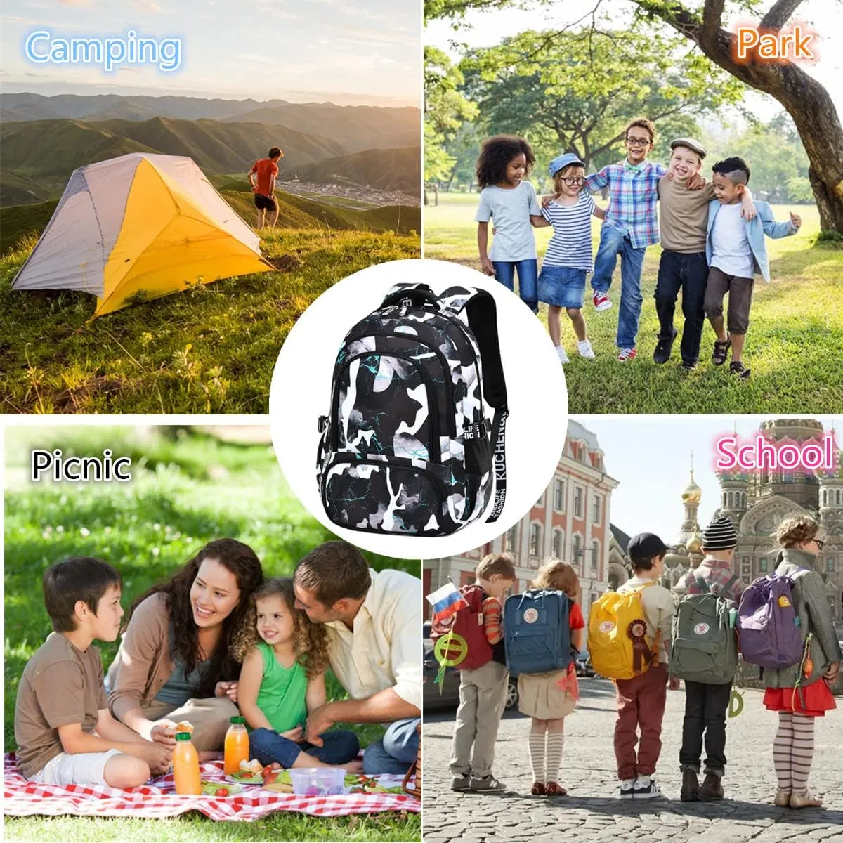 Camo Backpack for Kids, Lightweight Camo Backpack Elementary Middle School Backpack Water Repellent Bookbag (Camo Black Green)