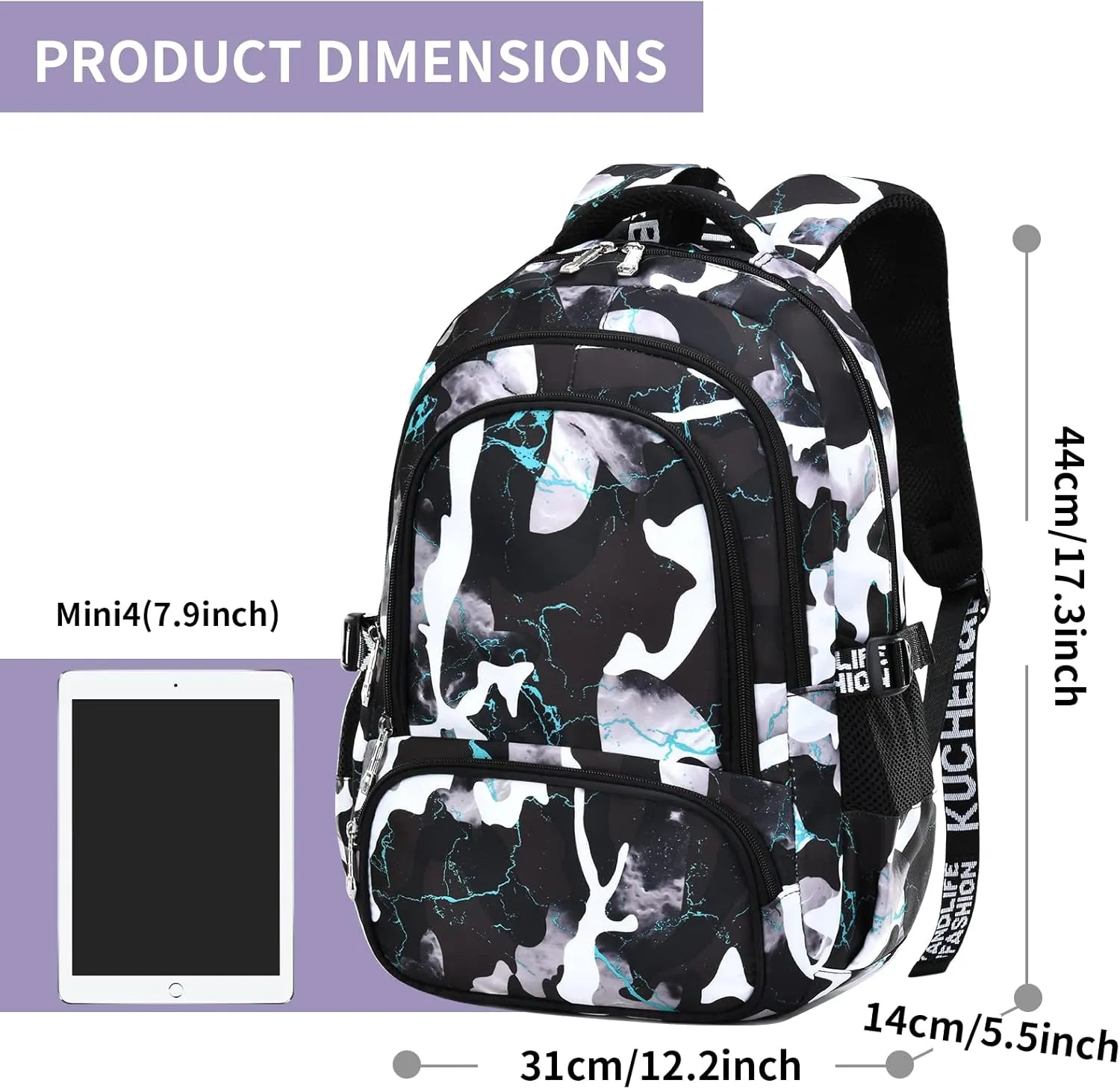 Camo Backpack for Kids, Lightweight Camo Backpack Elementary Middle School Backpack Water Repellent Bookbag (Camo Black Green)