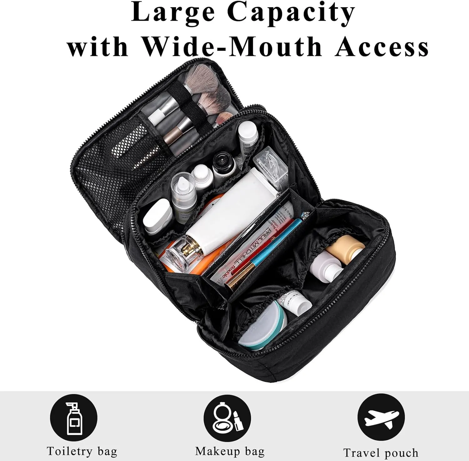 CAMTOP Travel Toiletry Bag for Women Travel Toiletry Organizer Lightweight Large Wide-open Makeup Bag Large Capacity Qulited Cosmetic Bag Puffy for Essentials Organizer (Black)