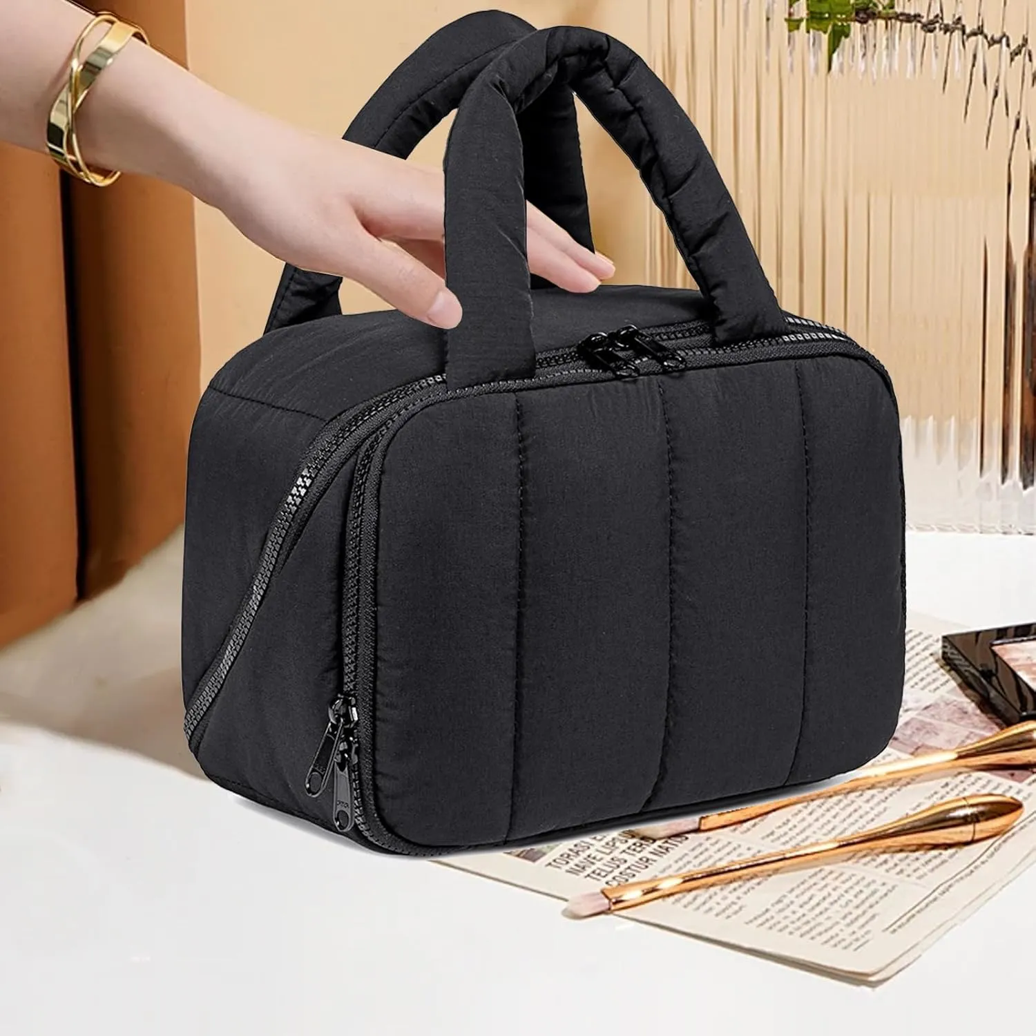 CAMTOP Travel Toiletry Bag for Women Travel Toiletry Organizer Lightweight Large Wide-open Makeup Bag Large Capacity Qulited Cosmetic Bag Puffy for Essentials Organizer (Black)