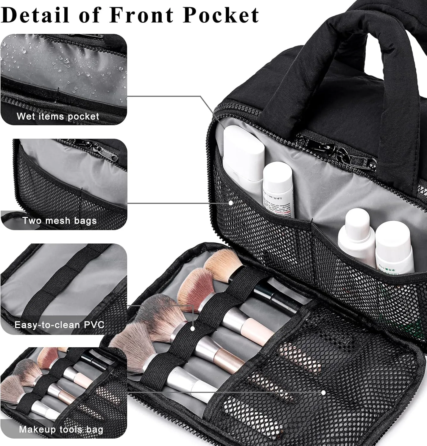 CAMTOP Travel Toiletry Bag for Women Travel Toiletry Organizer Lightweight Large Wide-open Makeup Bag Large Capacity Qulited Cosmetic Bag Puffy for Essentials Organizer (Black)