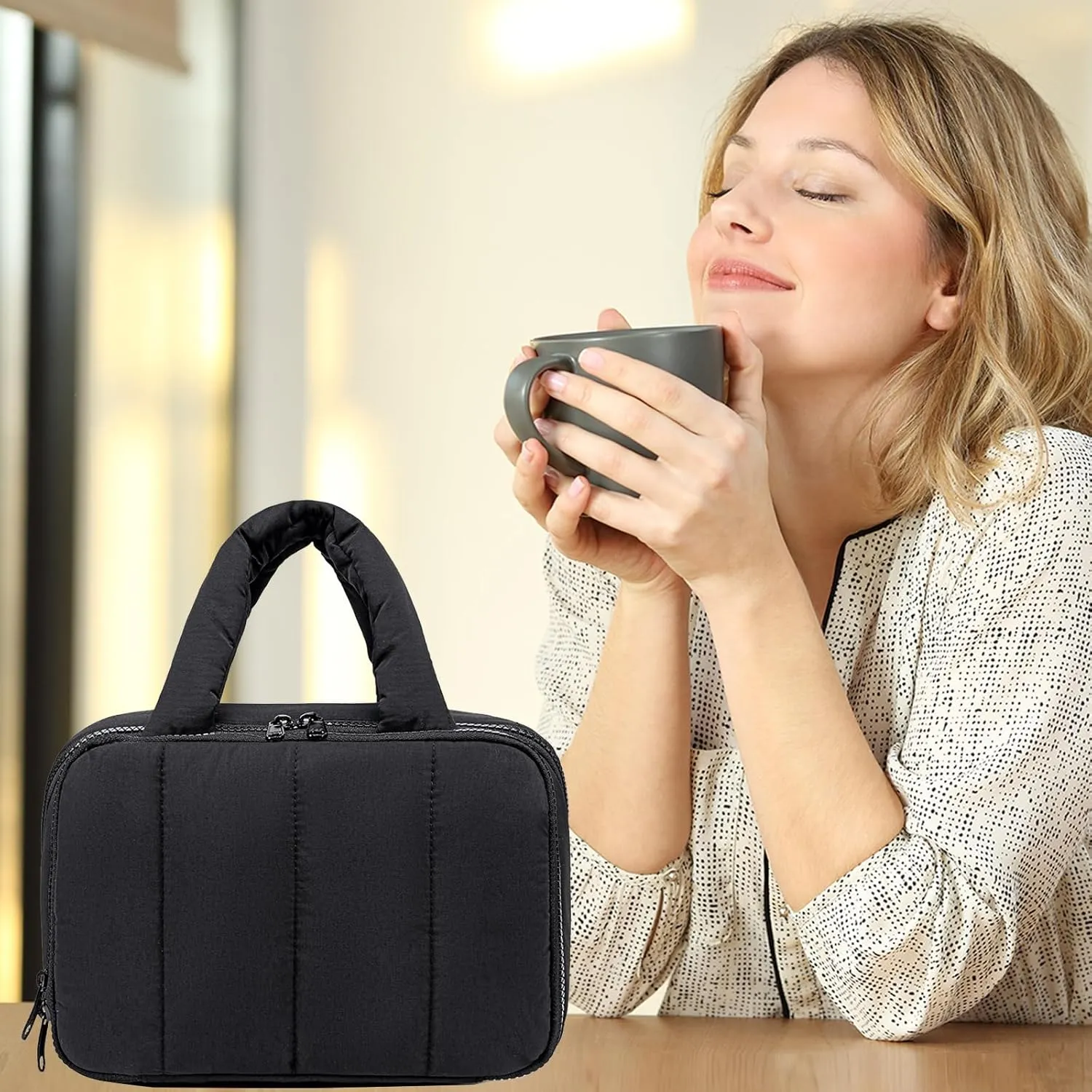 CAMTOP Travel Toiletry Bag for Women Travel Toiletry Organizer Lightweight Large Wide-open Makeup Bag Large Capacity Qulited Cosmetic Bag Puffy for Essentials Organizer (Black)