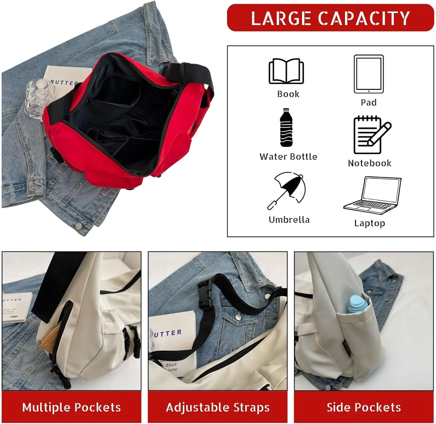 Canvas Crossbody Crescent Bag for Women Men, Lightweight Hobo Purse with Adjustable Strap