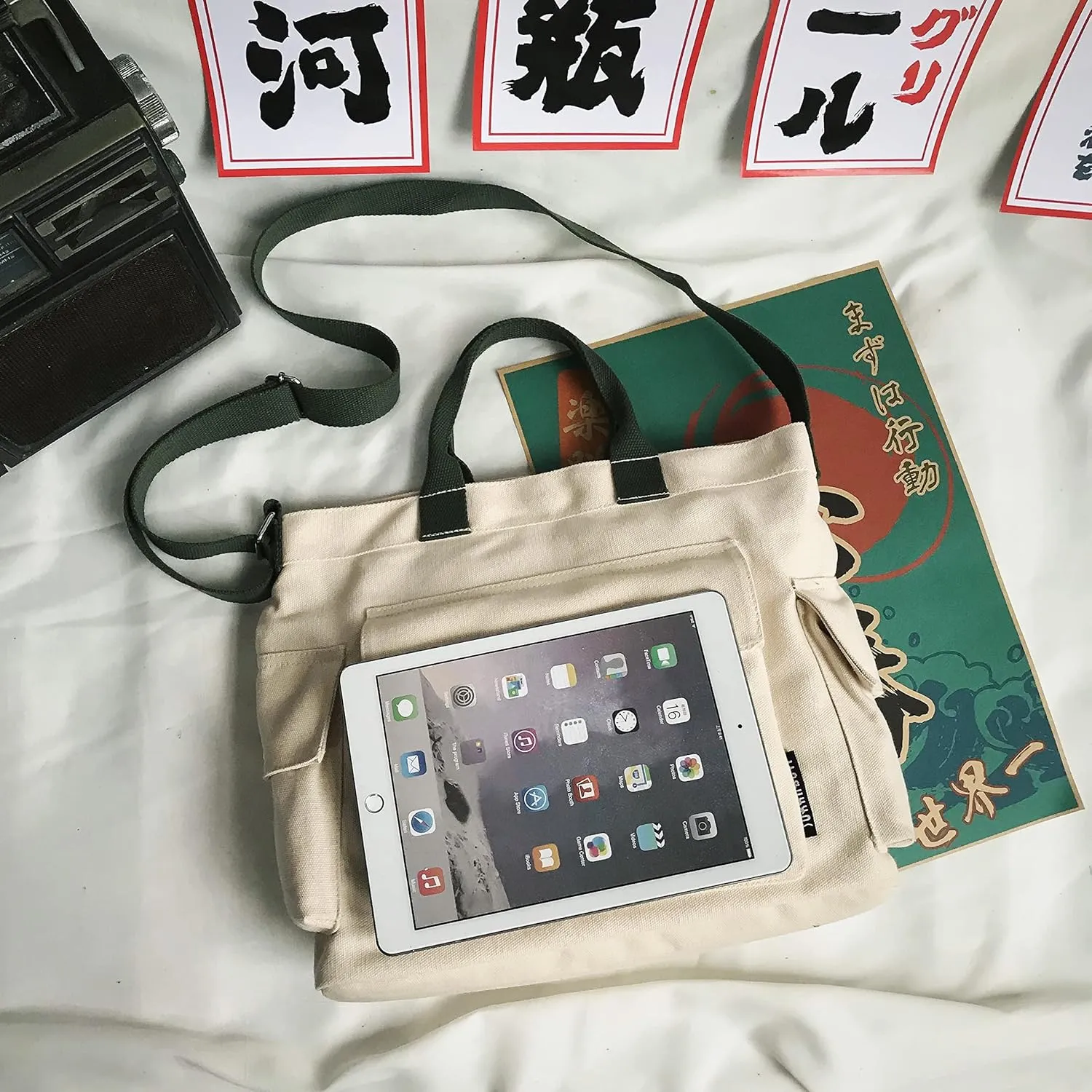 Canvas Crossbody Tote Shoulder Purse Bag for Women and Men with Multi-pocket for Shopping, Travel and Work
