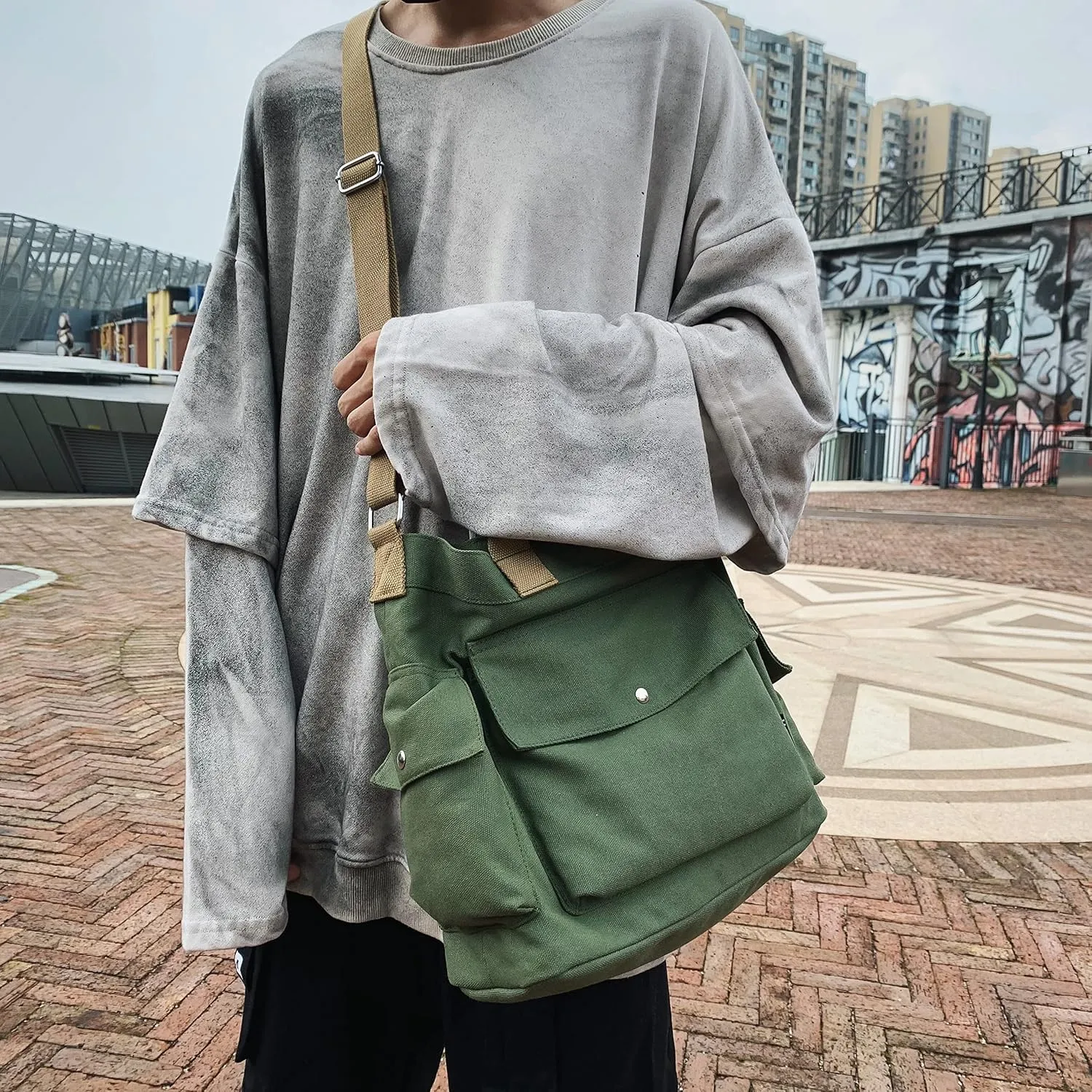 Canvas Crossbody Tote Shoulder Purse Bag for Women and Men with Multi-pocket for Shopping, Travel and Work