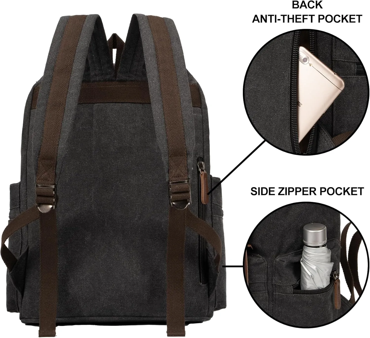Canvas Laptop Backpack, Vintage Daypack for Men Women, Travel Rucksack Knapsack Work College Computer Bag Bookbag Fits 15.6 Inch Laptop, Brown, Black