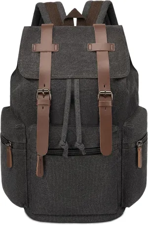 Canvas Laptop Backpack, Vintage Daypack for Men Women, Travel Rucksack Knapsack Work College Computer Bag Bookbag Fits 15.6 Inch Laptop, Brown, Black