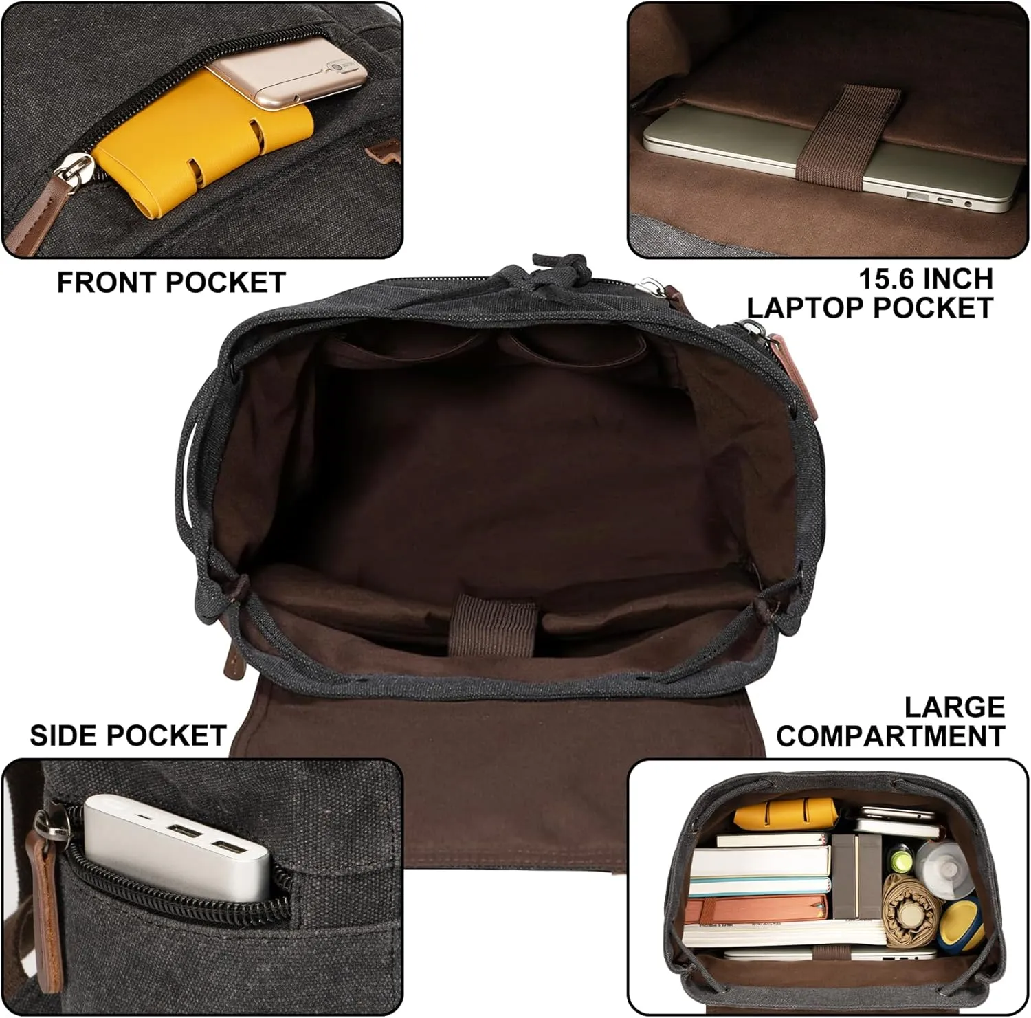 Canvas Laptop Backpack, Vintage Daypack for Men Women, Travel Rucksack Knapsack Work College Computer Bag Bookbag Fits 15.6 Inch Laptop, Brown, Black
