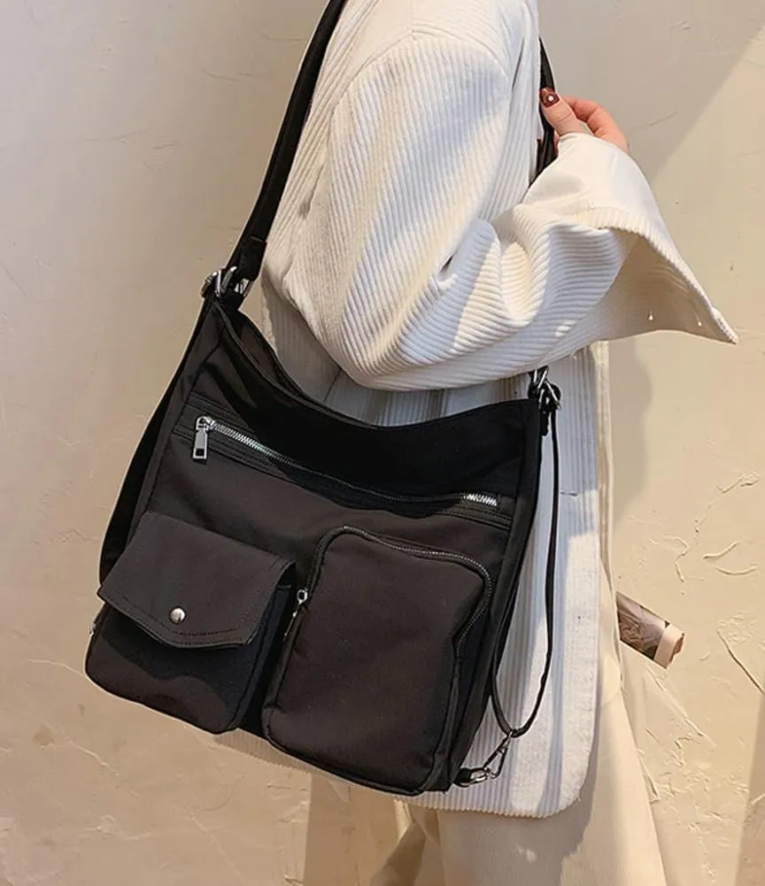 Canvas Tote Bag for Women Large Messenger Shoulder Bag with Zipper Multi-pockets Crossbody Handbag Hobo Purse
