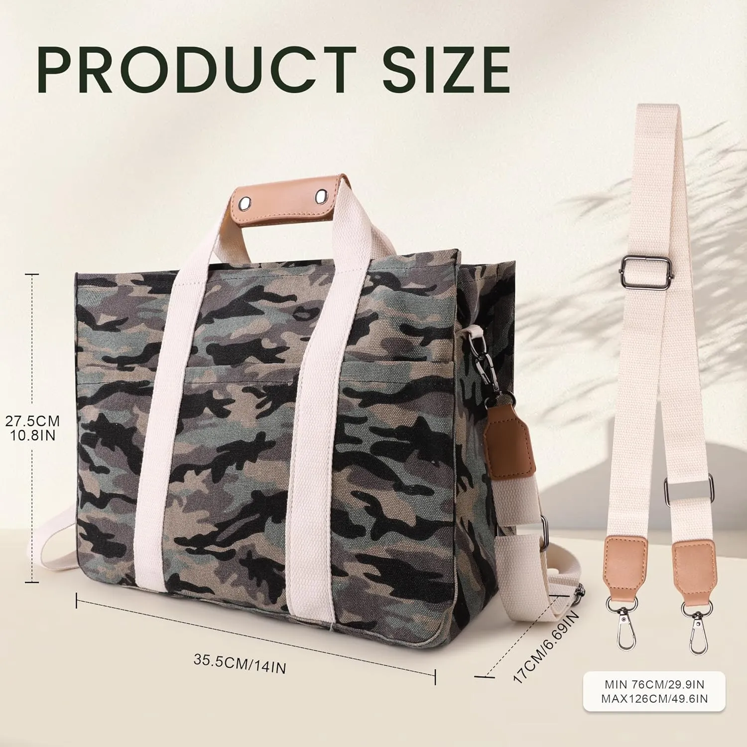 Canvas Tote Bag with Multi Pocket Crossbody Bag for Women Tote Bag with Adjustable Shoulder Strap Handbag (No zipper)