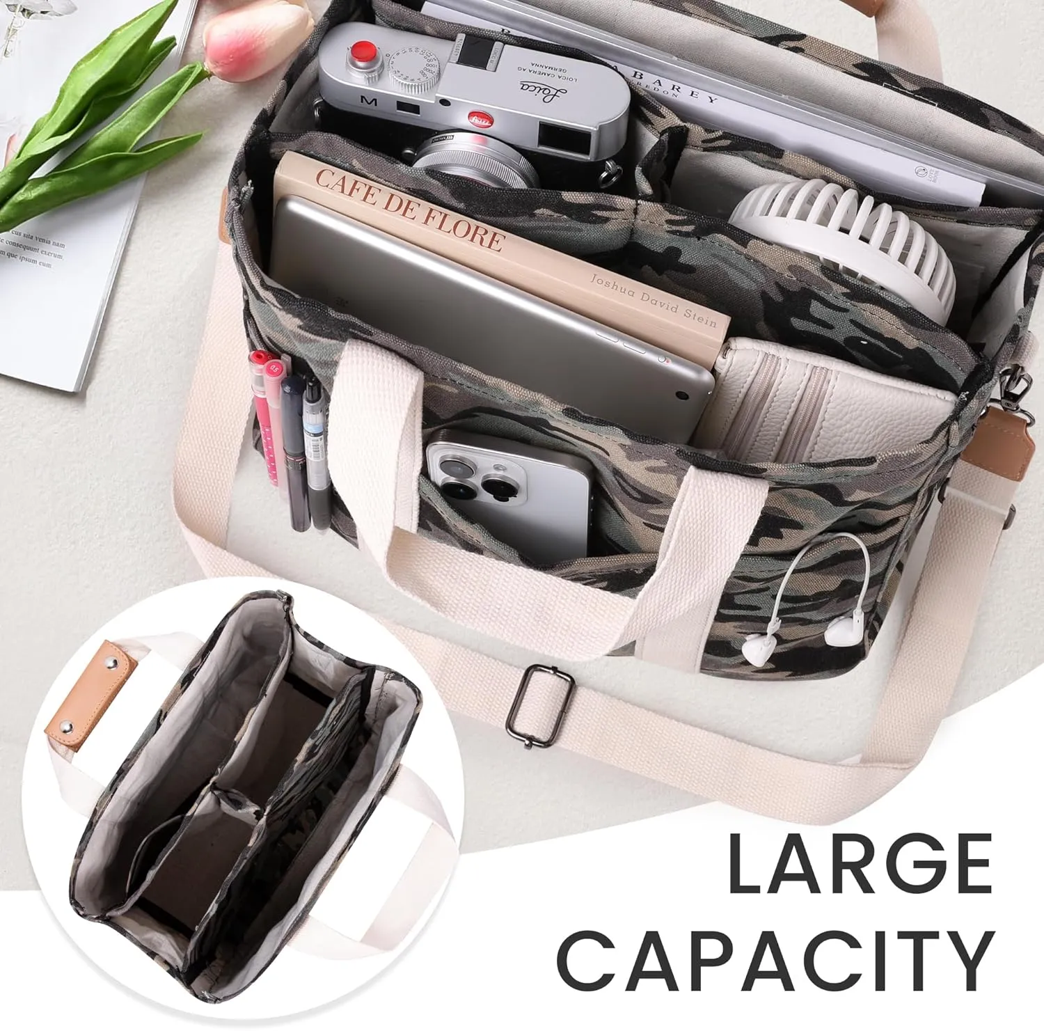 Canvas Tote Bag with Multi Pocket Crossbody Bag for Women Tote Bag with Adjustable Shoulder Strap Handbag (No zipper)