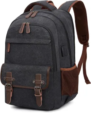 Canvas Travel Laptop Backpack for Men Women, business Work Rucksack College School Computer Bag Fits 15.6 Inch Laptop, Bookbag with USB Charging Port （Black）