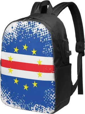Cape Verde Cape Verdean Flag Travel Backpack 17-Inch Laptop Backpacks Business Rucksack Casual Sport Daypack with USB Charging Port Carry-on Bag for Camping Biking