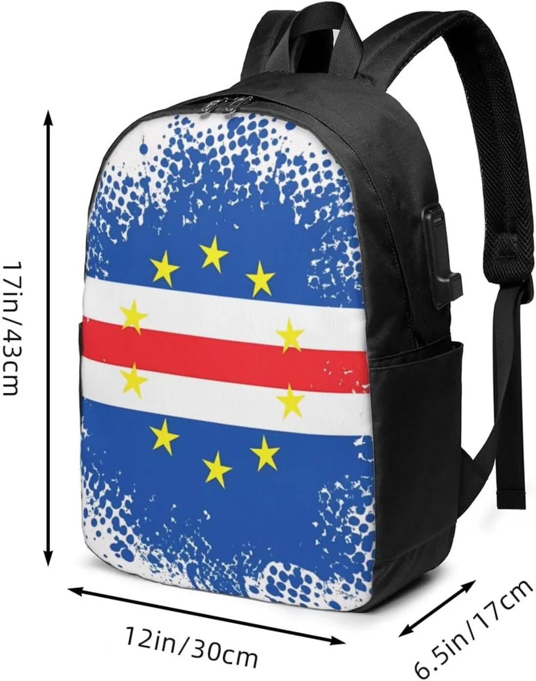 Cape Verde Cape Verdean Flag Travel Backpack 17-Inch Laptop Backpacks Business Rucksack Casual Sport Daypack with USB Charging Port Carry-on Bag for Camping Biking