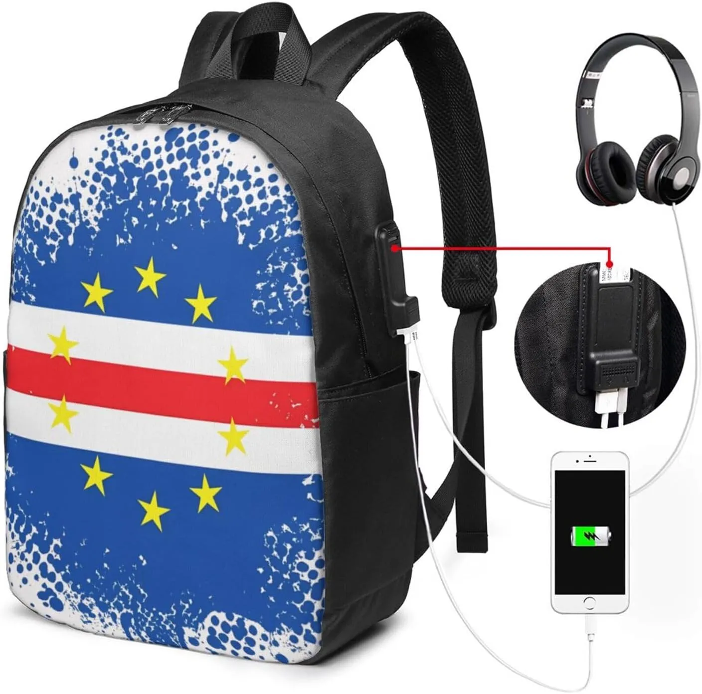 Cape Verde Cape Verdean Flag Travel Backpack 17-Inch Laptop Backpacks Business Rucksack Casual Sport Daypack with USB Charging Port Carry-on Bag for Camping Biking